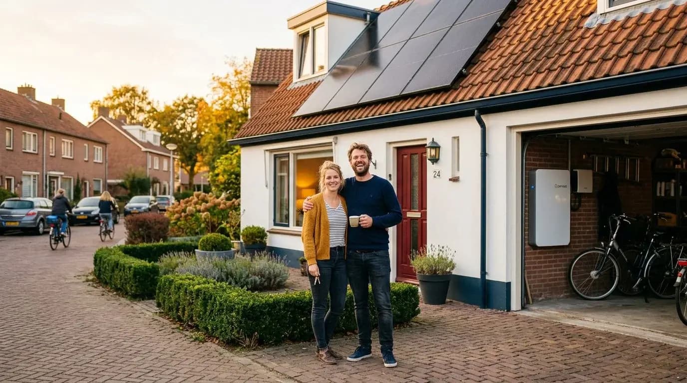 Gezin bij woning met thuisbatterij — eerlijk advies over capaciteit, terugverdientijd en merkkeuze