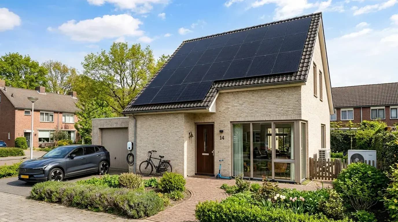 Nederlandse woning met zonnepanelen op het dak — onafhankelijk advies over opbrengst, merken en installatie