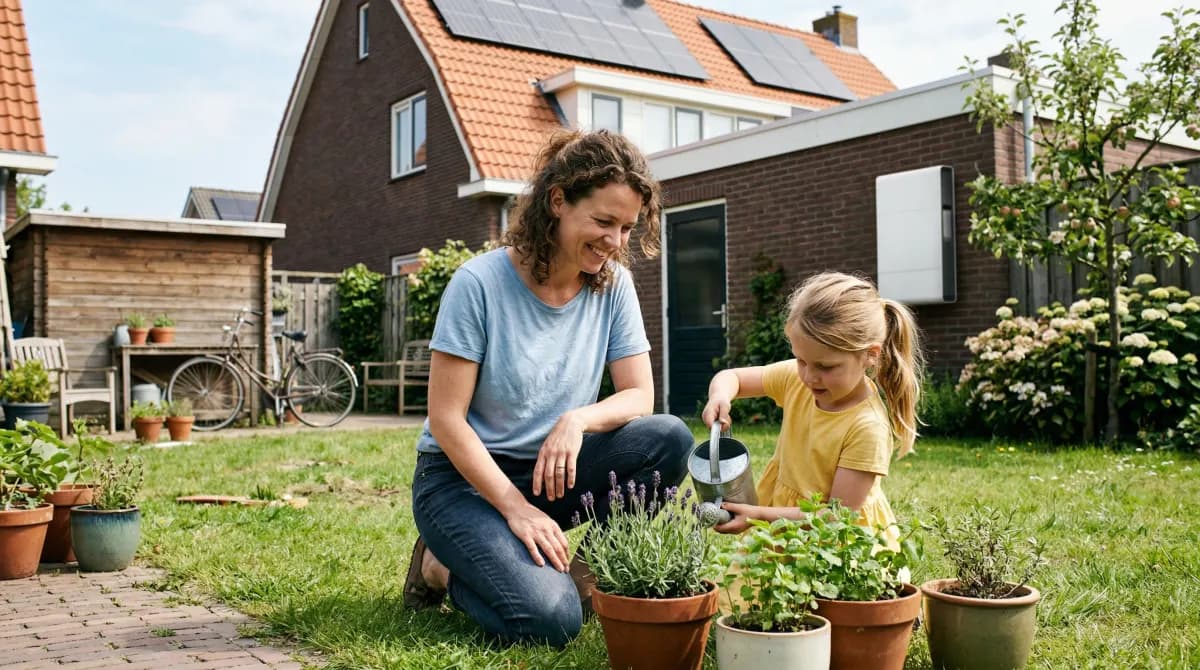 Moeder en dochter in de tuin met zonnepanelen op het dak en een thuisbatterij zichtbaar op de