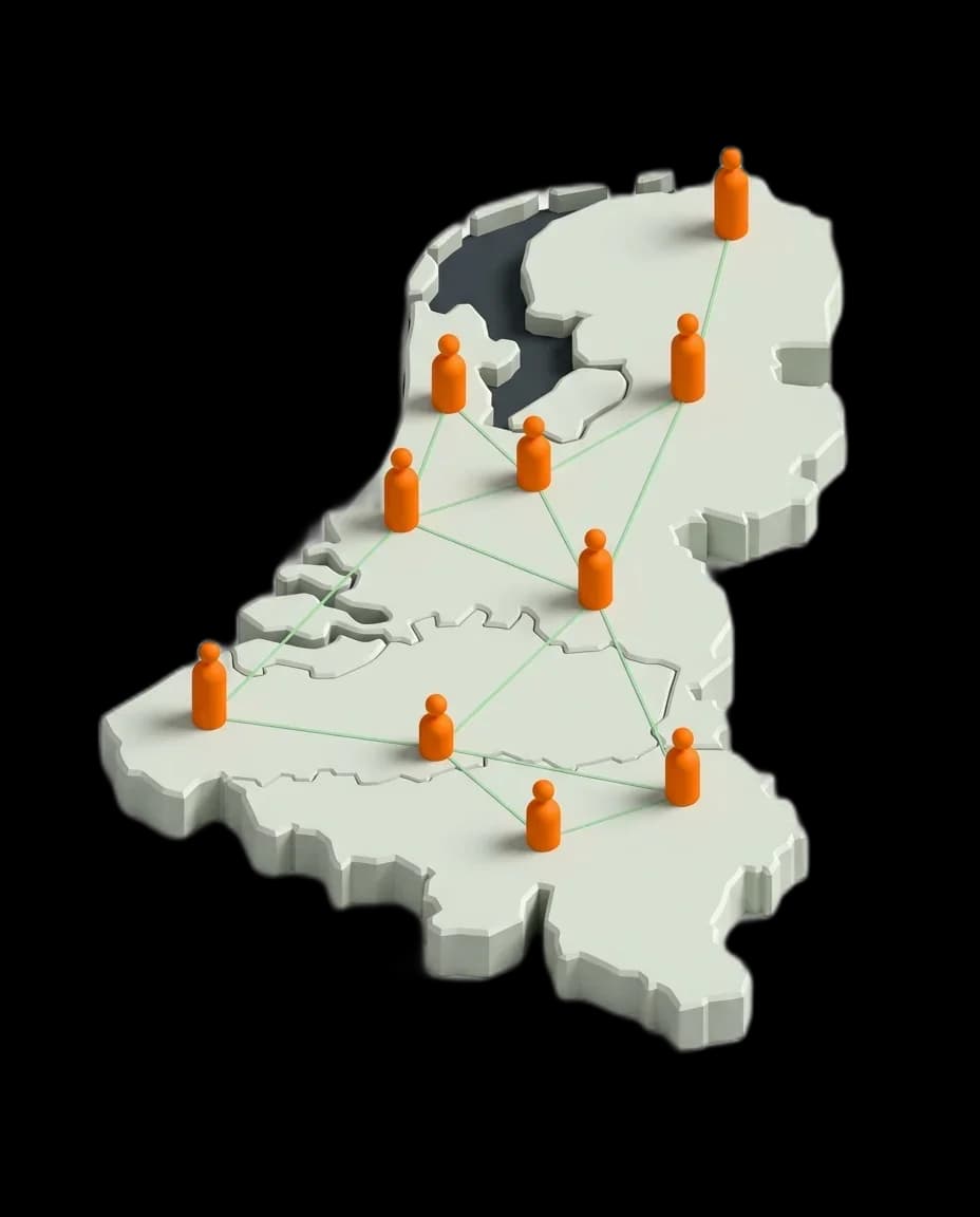 Isometrische kaart van Nederland en België — werkgebied van Anteas