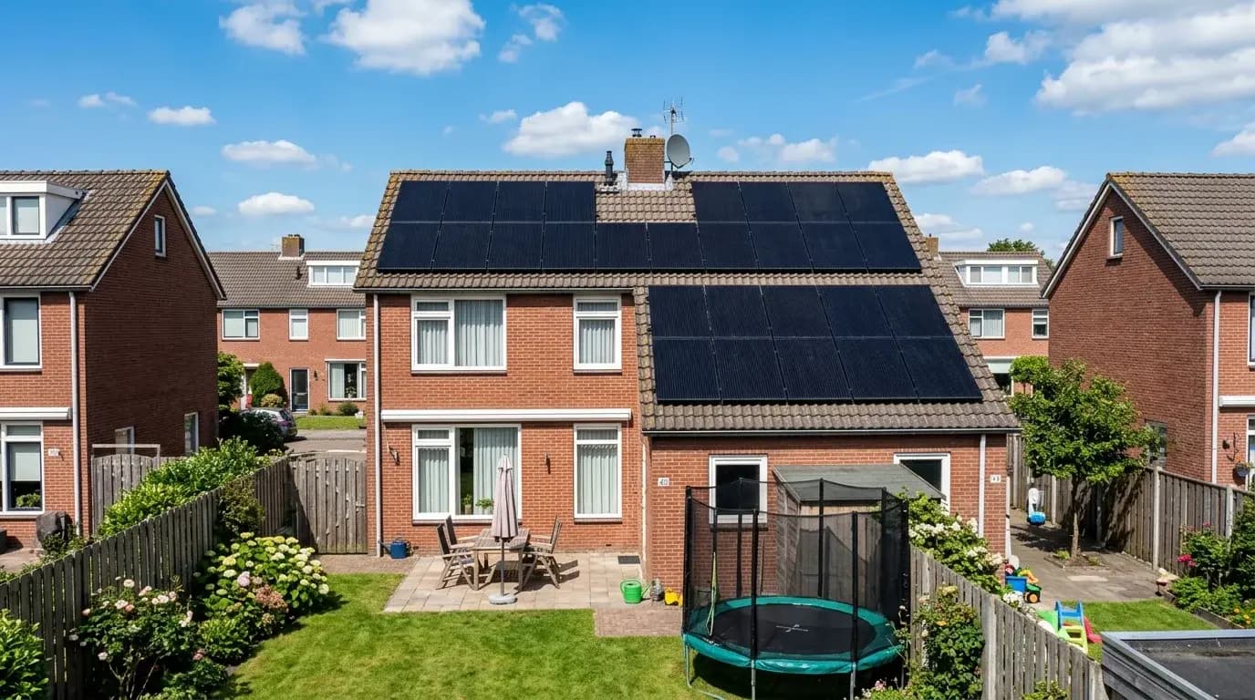 Compleet zonnepanelensysteem op dak van Nederlandse rijtjeswoning