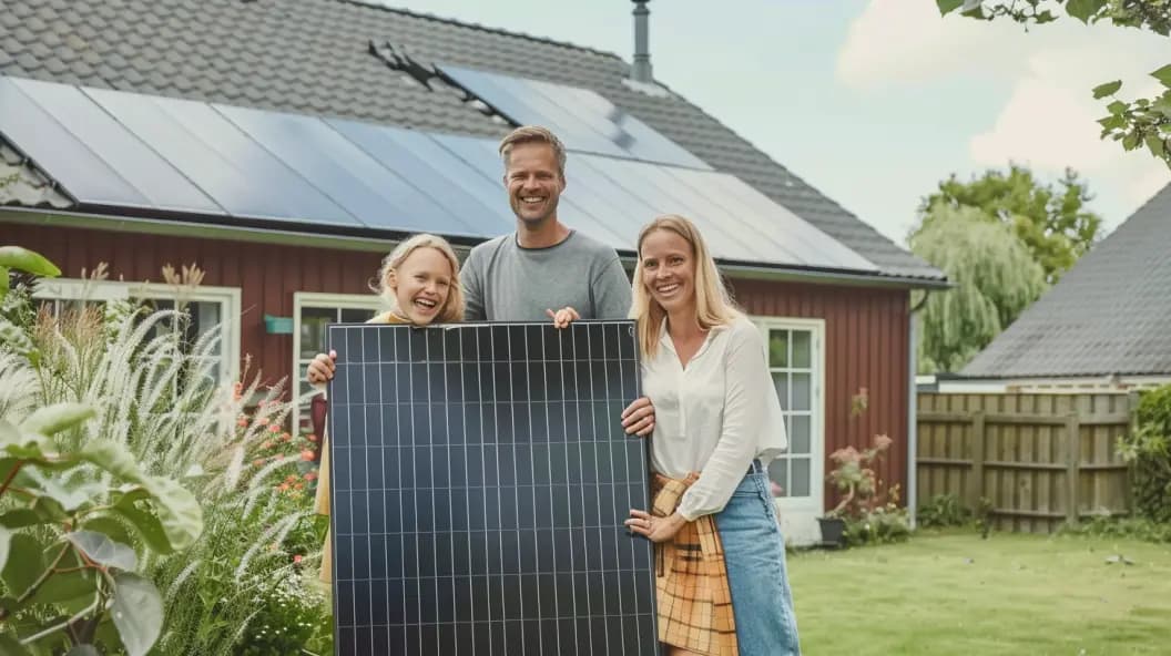 Gezin bij hun woning met zonnepanelen