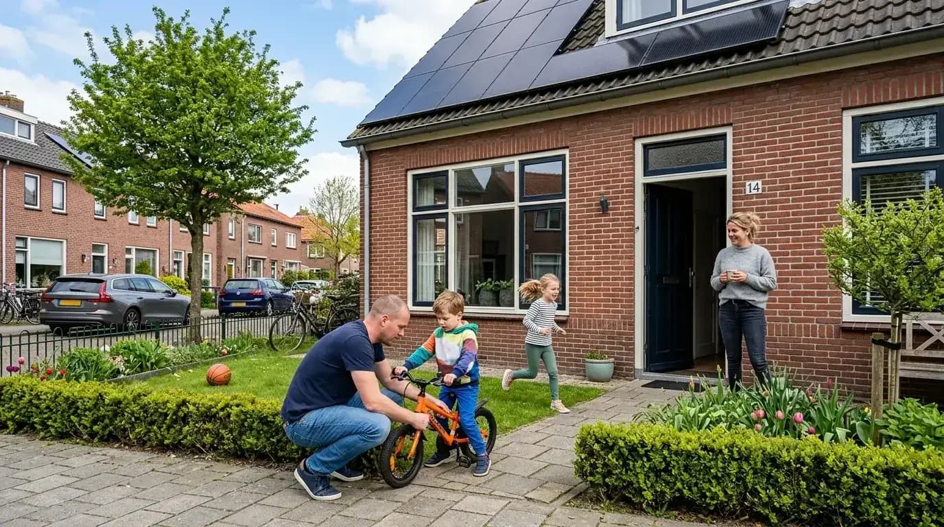 Gezin geniet van hun duurzame woning met zonnepanelen op het dak