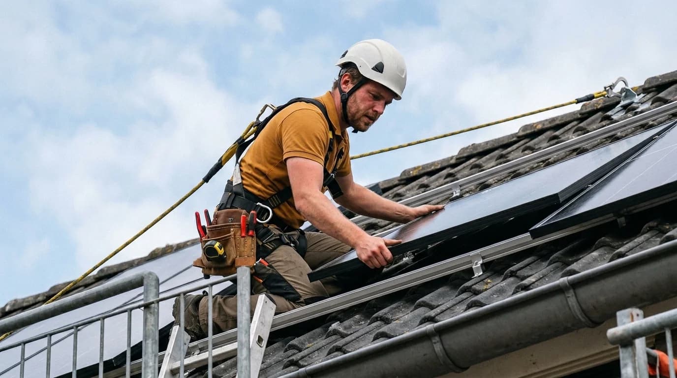 Installateur monteert zonnepanelen op het dak van een Nederlandse woning