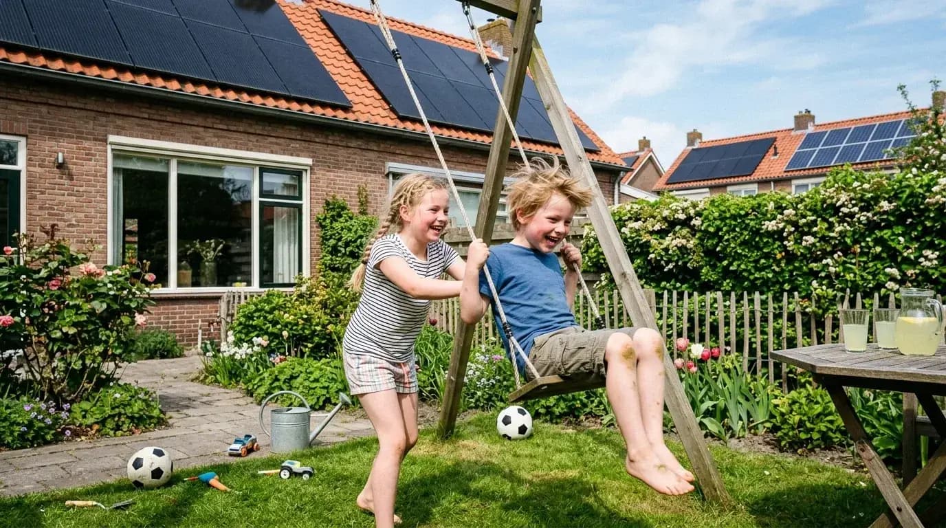 Spelende kinderen in de tuin met zonnepanelen op het dak